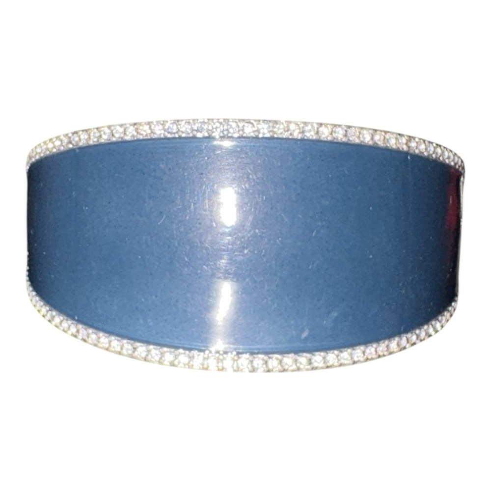 Navy Blue Enamel Rhinestone Clamper Bracelet Silver Tone J18